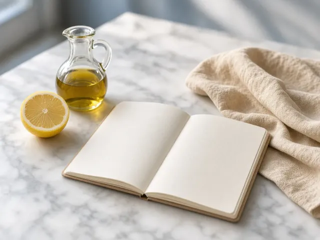 An open blank notebook beside a cut lemon, olive oil, and a sand-coloured linen napkin.