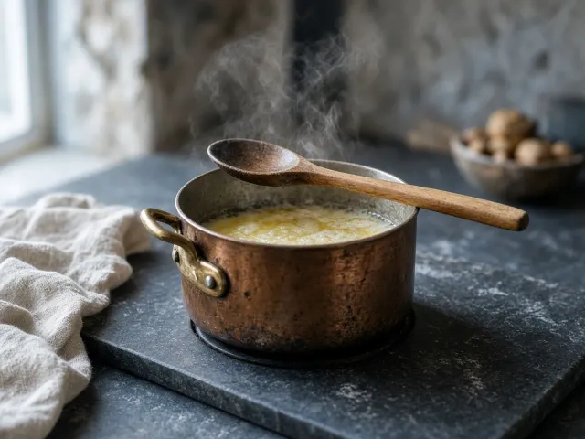 A copper saucepan with melted butter and a wooden spoon on a charcoal stone hob.