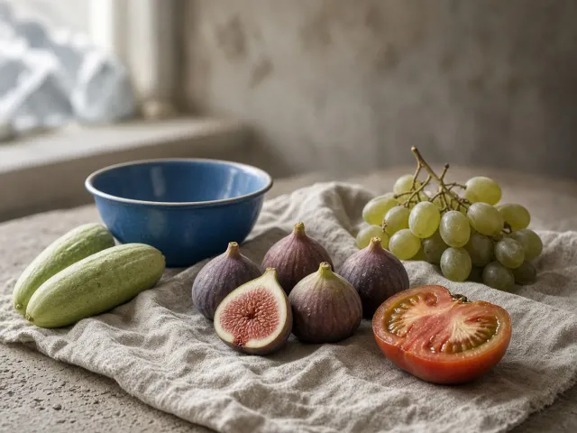 Figs, an heirloom tomato, cucumbers and grapes arranged on raw linen beside a steel-blue bowl.