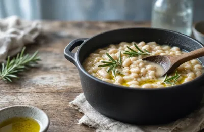 A cast-iron pot of creamy white beans with olive oil and rosemary on a worn wooden table.