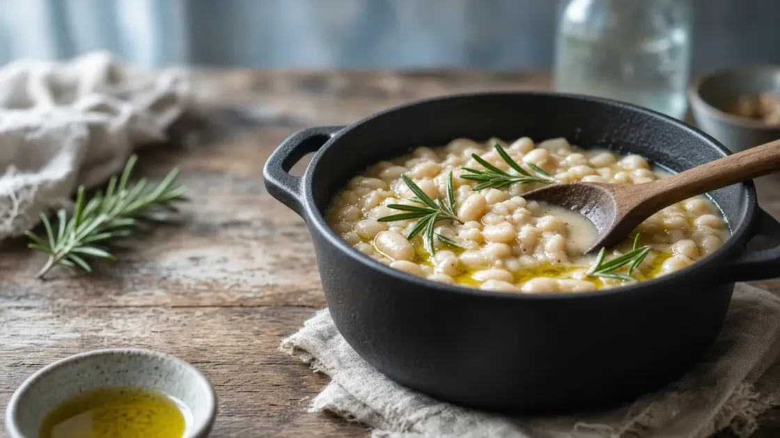 A cast-iron pot of creamy white beans with olive oil and rosemary on a worn wooden table.