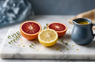 Halved blood oranges and lemons on pale marble with a steel-blue pitcher of dressing.