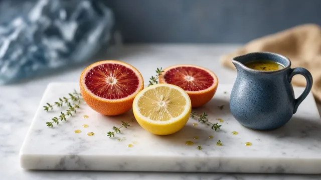 Halved blood oranges and lemons on pale marble with a steel-blue pitcher of dressing.