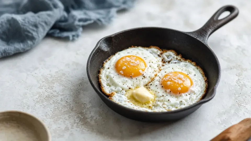 Two fried eggs in a well-seasoned iron skillet with butter and flaky salt.