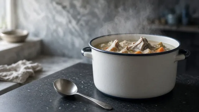 An enamel stockpot of simmering bones and vegetables with a ladle on a charcoal counter.