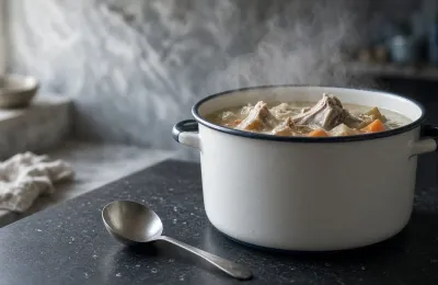An enamel stockpot of simmering bones and vegetables with a ladle on a charcoal counter.