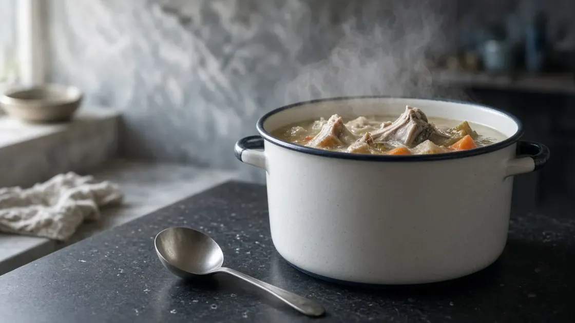 An enamel stockpot of simmering bones and vegetables with a ladle on a charcoal counter.
