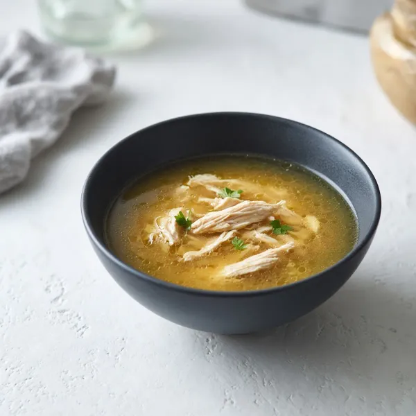 A charcoal bowl of golden broth with herb leaves on a pale stone table.