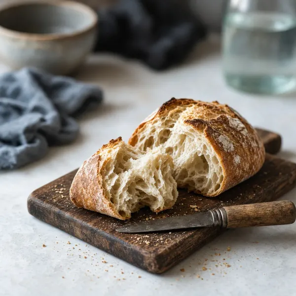 A torn country loaf on a dark wooden board with a worn knife.