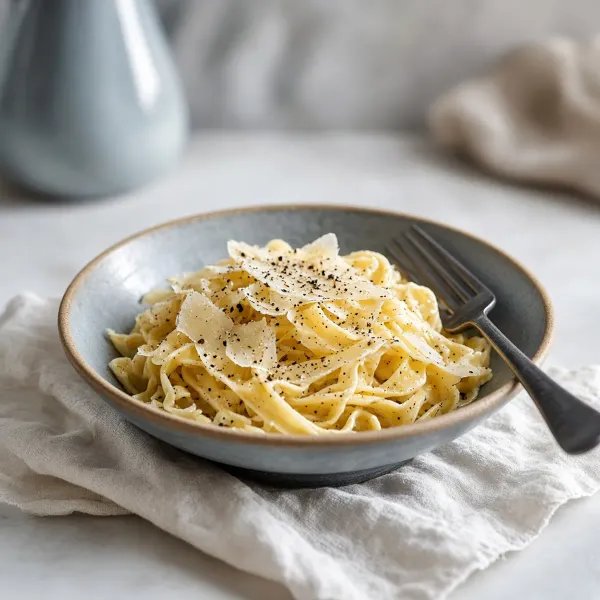 A shallow bowl of tagliatelle with olive oil, pepper, and cheese.