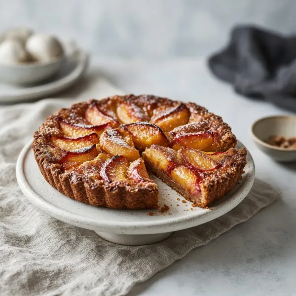 A rustic stone-fruit tart on a pale ceramic stand with one slice cut.