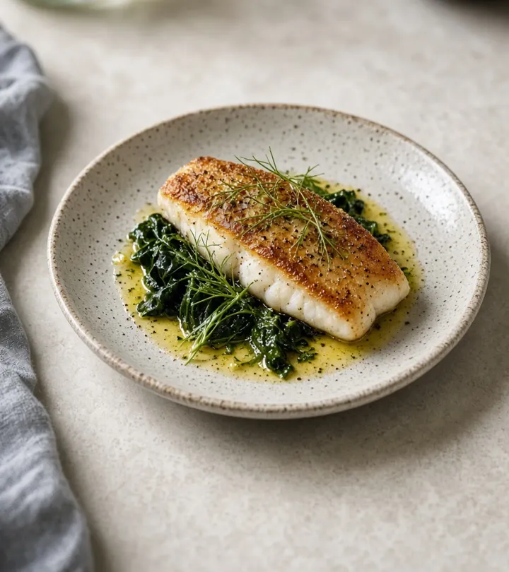 A ceramic plate of seared white fish with wilted greens and fennel on a pale stone counter.